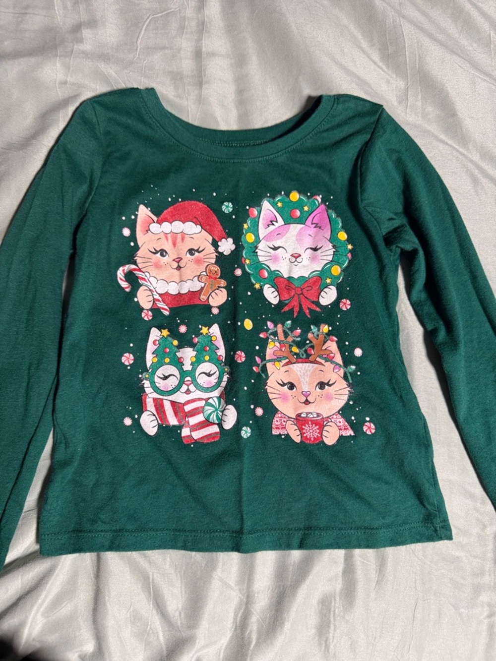 The Children's Place Dark Green Long-Sleeve Holiday Cat Graphic Tee